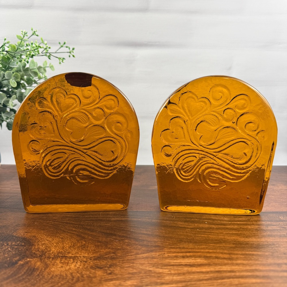 Blenko 699B Twisted Hearts Bookends Wheat Glass Pair Joel Myers 1969